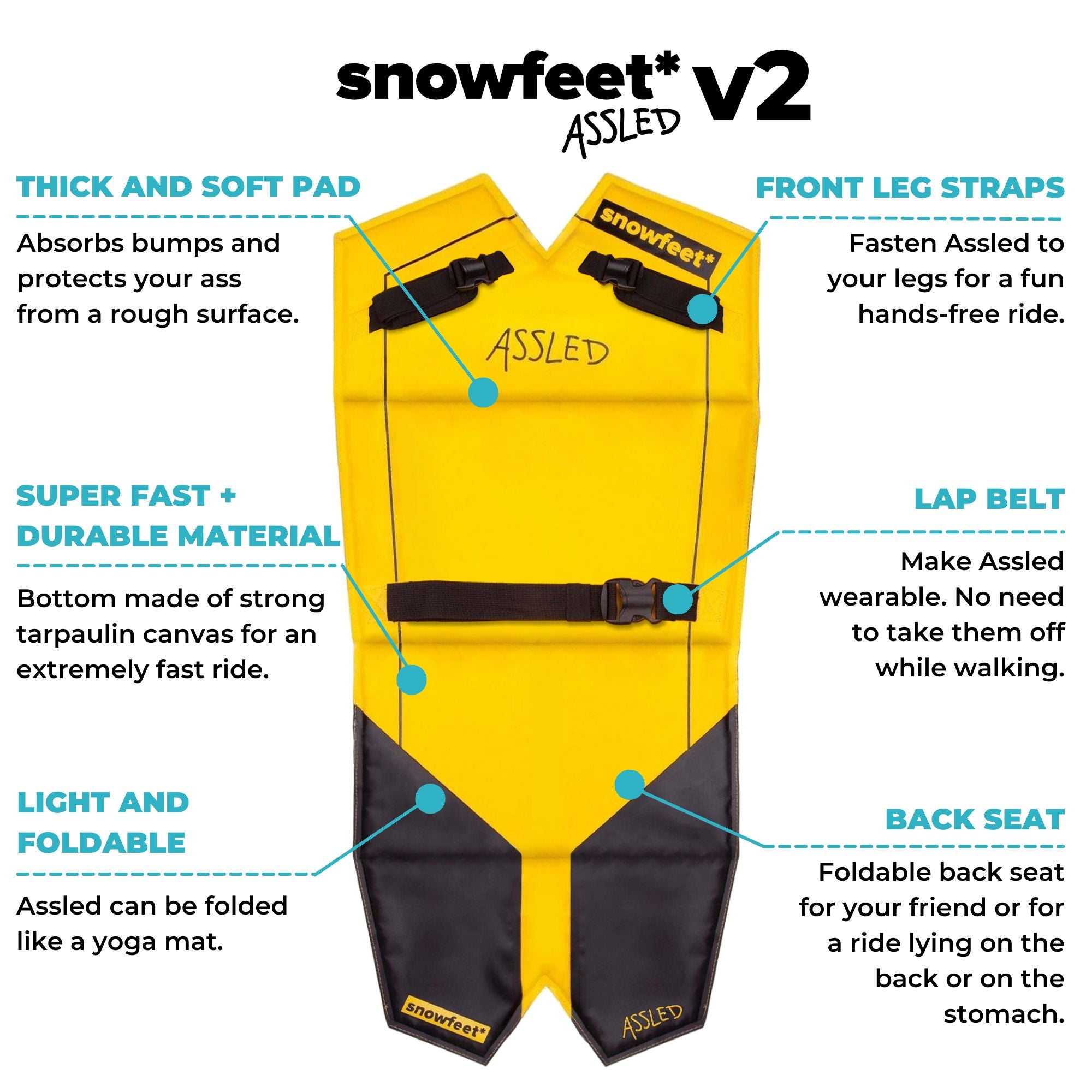 Assled - Wearable Foldable Portable Snow Sled - Sledge for Adults and Kids - by Snowfeet Yellow